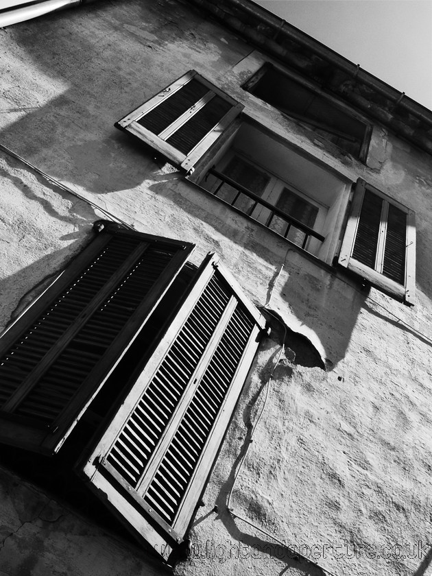 Fayence2bw 
 French shutters 
 Keywords: Provence France French Mediterranean Holiday European Continental architecture window shutter europe travel vacation building